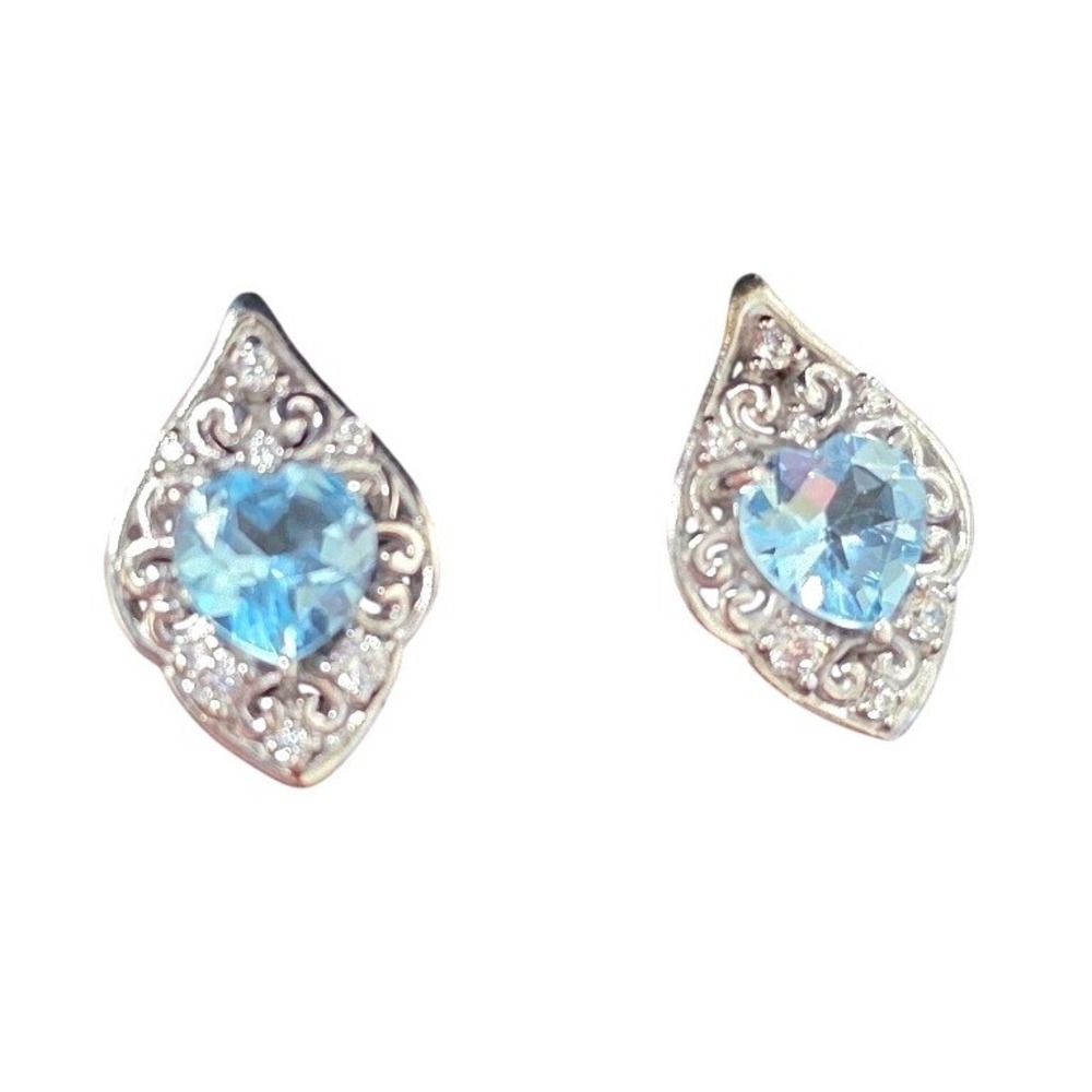 Sterling Silver Blue Topaz Heart Filigree Marquise Stud Earrings Vintage Style